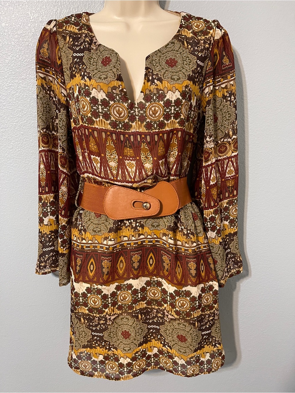 Brown Boho Paisley Tribal Print Tunic Dress Belted Hippie Retro 70’s Small Sz 2